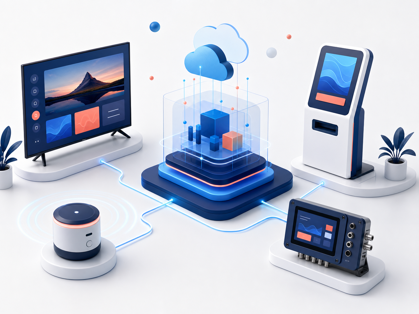 Ilustración de aplicaciones conectadas para televisores, kioscos y dispositivos IoT