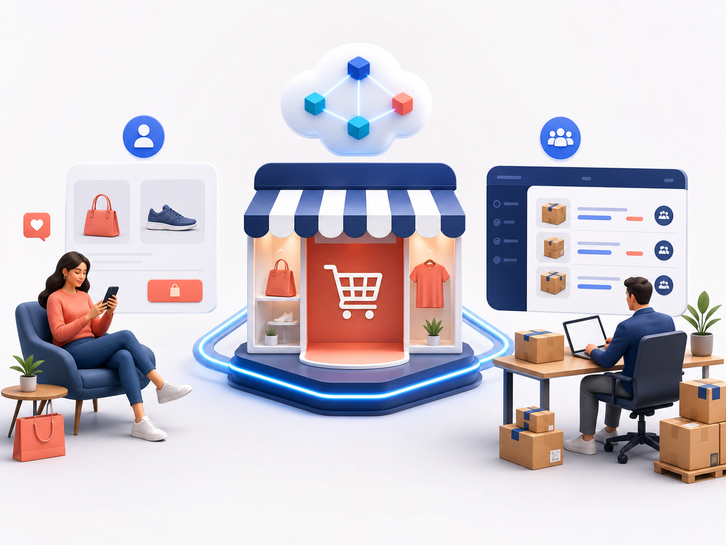 Ilustración de una plataforma de e-commerce para clientes B2C y B2B