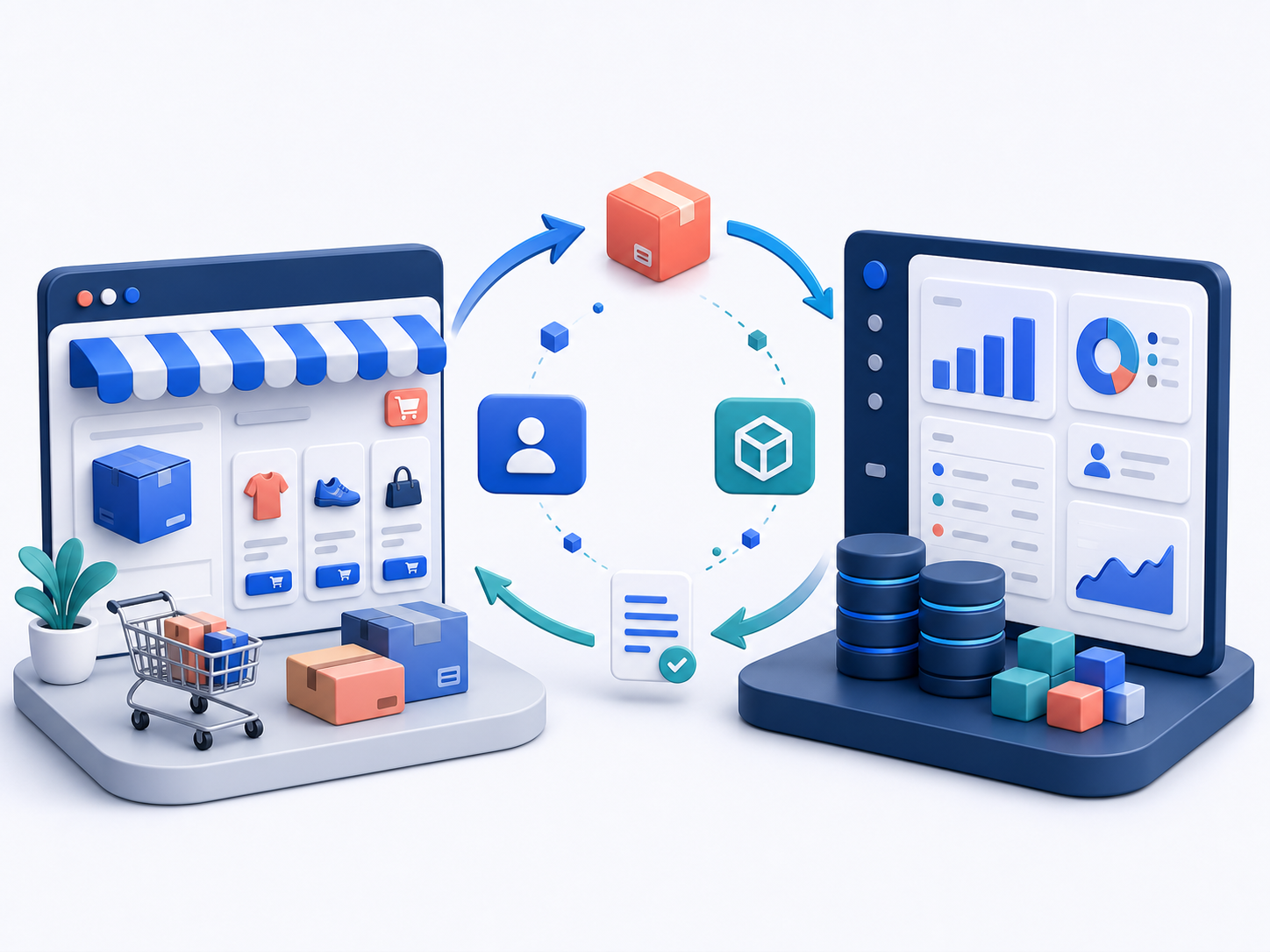 Ilustración de la sincronización entre una tienda online y un sistema ERP