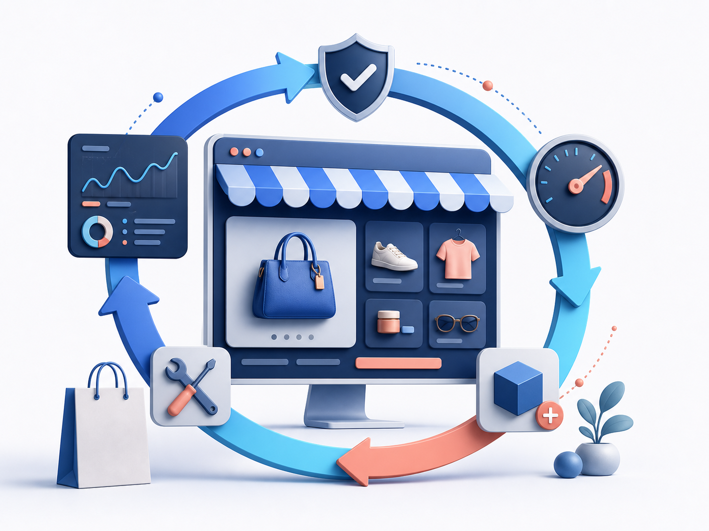 Ilustración del mantenimiento, soporte y evolución continua de una tienda online